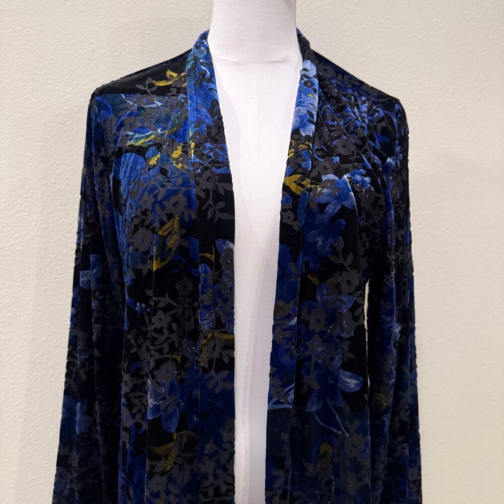 Susan Graver Blue Floral Burnout Velvet Cardigan Medium Sheer Office Fall Winter - Picture 4 of 9